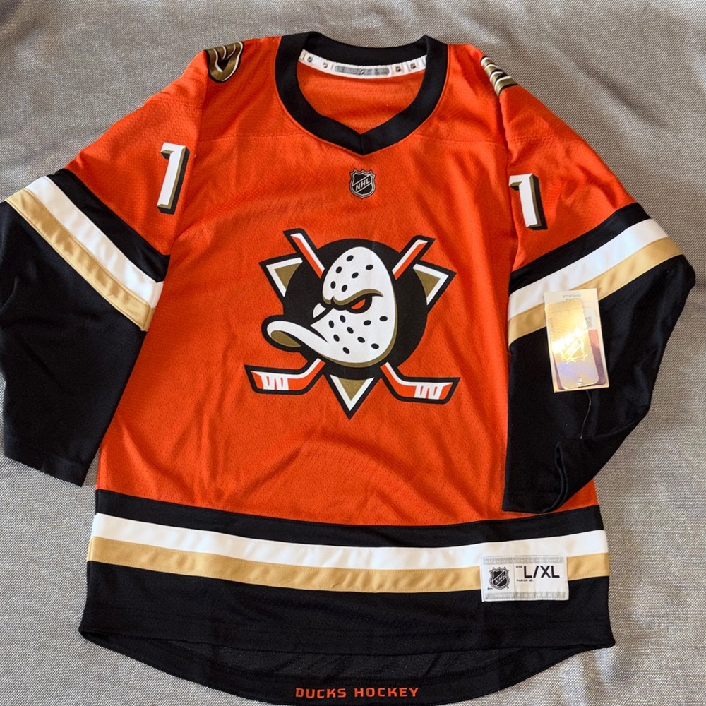 Brand New NHL Youth Anaheim Ducks Trevor Zegras Retro Mask Logo Jersey size L/XL